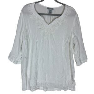 Catherines Blouse Womens 1X White Rayan Embroidered 3/4 Sleeve V-Neck Pullover